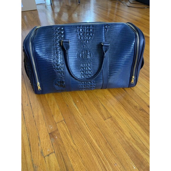 Brand New Crocodile skin pattern duffel bag in sapphire blue/gold - Picture 2 of 7
